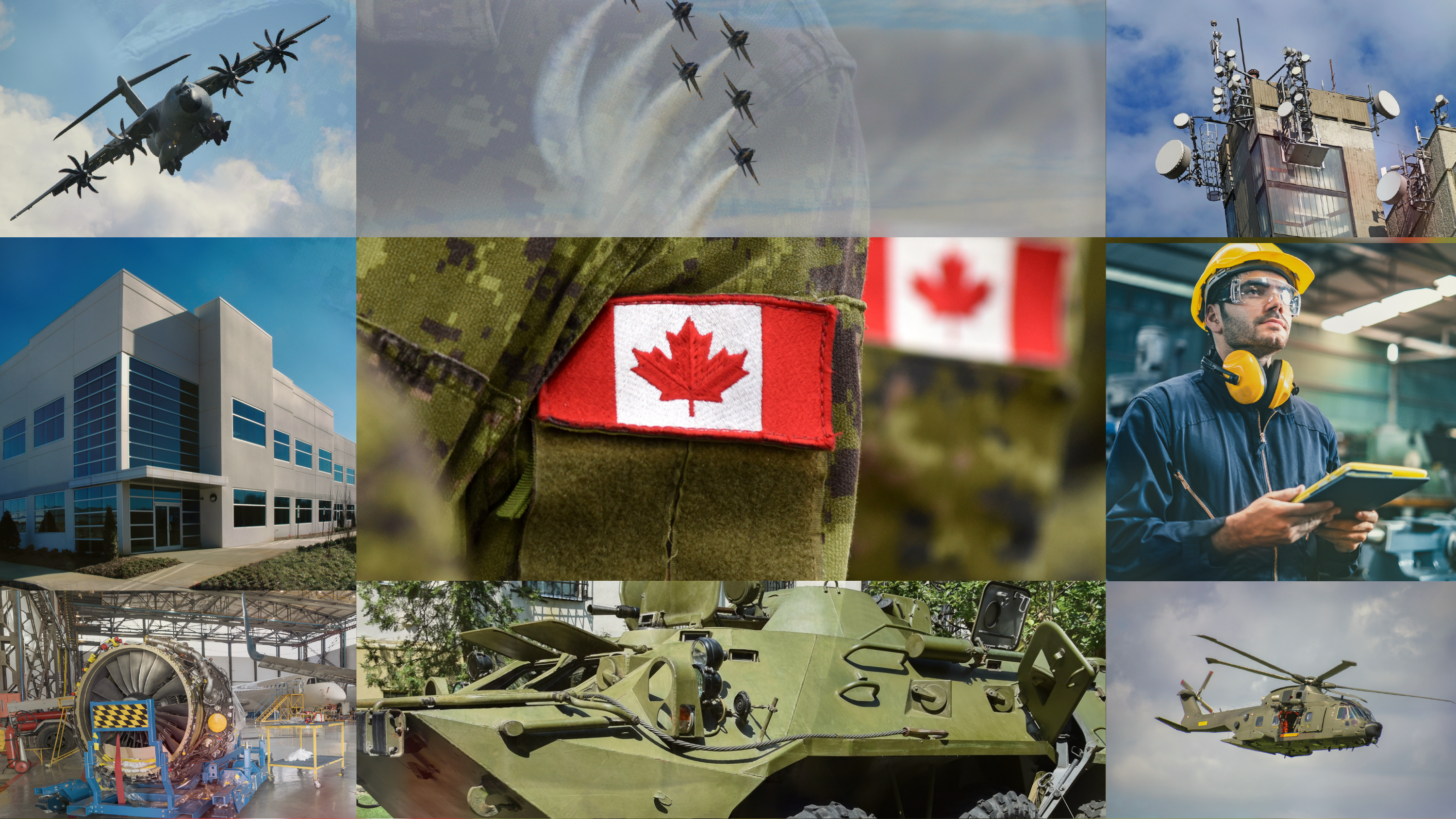 Canadian defence industry collage featuring military aircraft, armoured vehicles, aerospace manufacturing, and Canadian Armed Forces